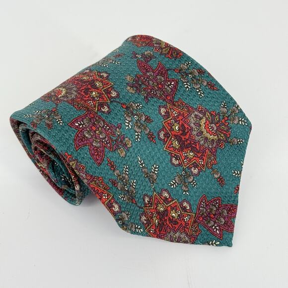 Vtg Club Room Italy Silk Tie Handmade Teal Red Paisley Floral Print Mens Necktie - Picture 1 of 7